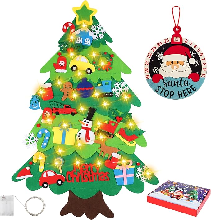 Onekka Felt Christmas Tree Set with 32 Ornaments for Kids, Xmas Gifts, 3.2ft DIY Felt Christmas Tree Wall Hanging Christmas Decorations with String Light (Batteries Not Included)