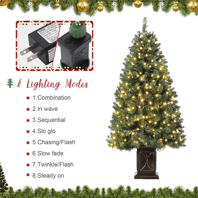 Garvee Pre-lit Artificial Christmas Tree with Warm White Lights, Green Full Christmas Tree 4.5 ft with 8 Light-Modes, Pre Lighted Xmas Tree W/460 Branch Tips, 300 Light & Black Base,1 PCS