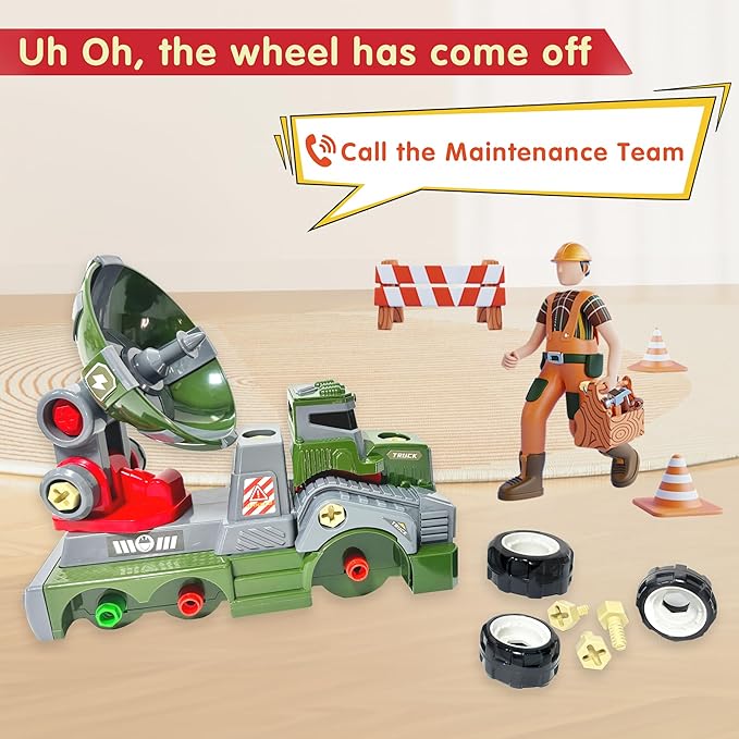 11inches Large Take Apart Trucks Army Toys for Boys Girls Kids 3-10 Year Old Radar Trucks Toys with Electric Drill Assembly Toy