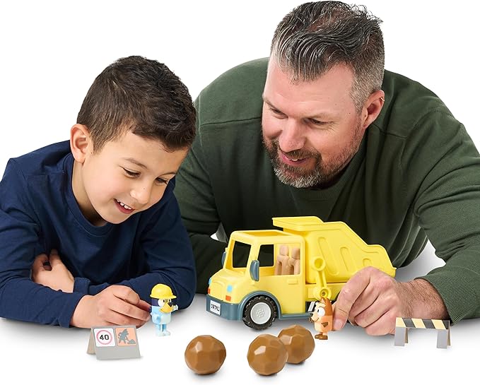 Bluey Dump Truck Toy with Hard Hat Muddy Bingo Figures | Load & Unload Rocks - Includes Safety Signs & Stickers | for Kids Ages 3+