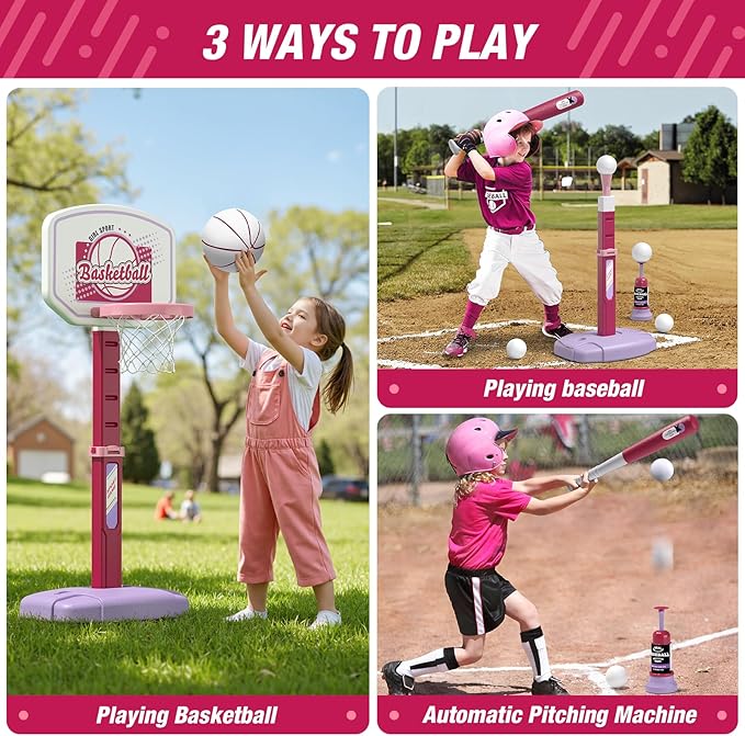 2 in 1 Kids Basketball Hoop and T Ball Set - Adjustable Height, Kids Baseball Tee with Automatic Pitching Machine, Indoor Outdoor Sport Toys Gifts for Toddler Boys Girls Age 1-5, Pink