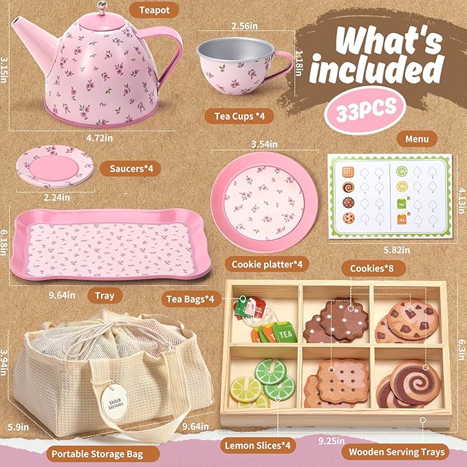 Kids Tea Party Set for Little Girl, Tea Sets for Toddler Pretend Play Food Kitchen Toy Accessories Gift for 3 4 5 6 Years Old Girls Boys (Pink)