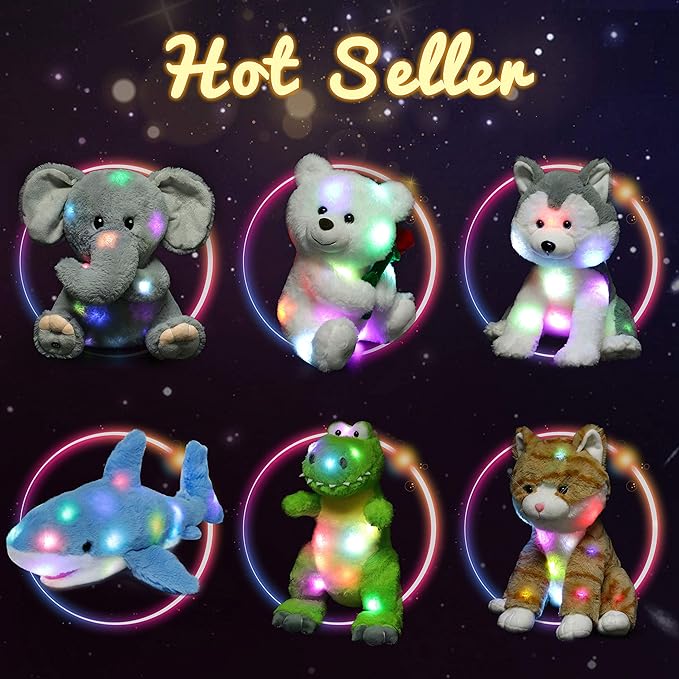 Hopearl Colorful LED Plush Puppy Lighting Up Dog Stuffed Animal Floppy Pup Night Lights Glow in The Dark Birthday Festival for Kids Toddler Girls, Rainbow, 10.5''