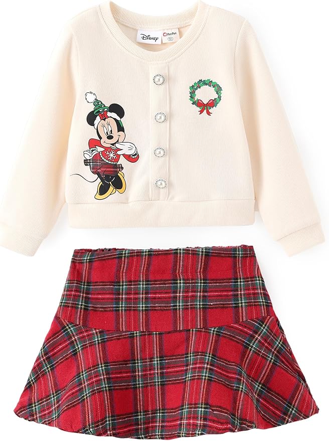 Disney Frozen Elsa Stitch Princess Moana Minnie Toddler Girl 2 Piece Outfit Kid Pearl Button Knit Top & Tweed Skirt Set 2-13Y