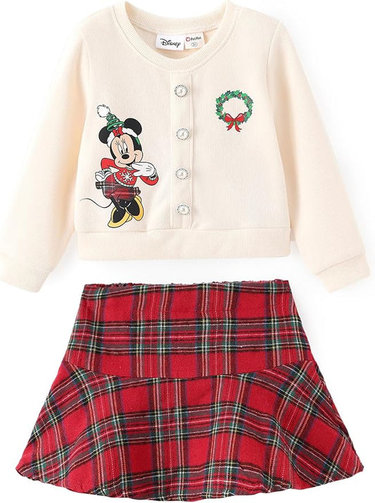 Disney Frozen Elsa Stitch Princess Moana Minnie Toddler Girl 2 Piece Outfit Kid Pearl Button Knit Top & Tweed Skirt Set 2-13Y