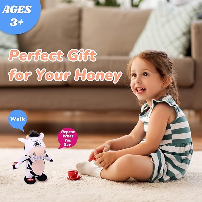 Hopearl Talking Singing Cow Repeats What You Say Walking Electric Interactive Animated Toy Speaking Plush Buddy Gifts for Toddlers, 8''