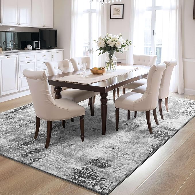 Ompaa Living Room Rug 5x7 Gray Area Rug Machine Washable Boho Rug Non Slip Abstract Vintage Indoor Large Rugs for Bedroom, Classroom, College Dorm, Farmhouse, Dining Room, Kids Playroom