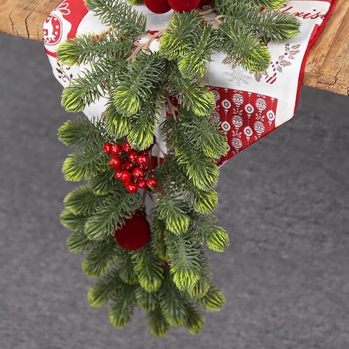 SY Super Bang 6FT Christmas Garland, Artificial Green Garland Christmas Decorations with Velvet Ball Red Berry Exquisite Ornaments, for Indoor Outdoor Home Table Fireplace Xmas Party Holiday Decor.