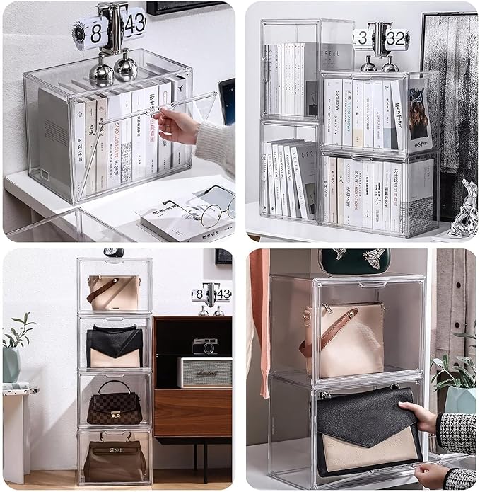 Clear Stackable Plastic Storage Bins with Magnetic Lid, Dustproof Book & Cosmetic Display Cases, Large Figures Collectibles Showcase, Shoe Box, Protection Organizer (Transparent, L-3 Pack)