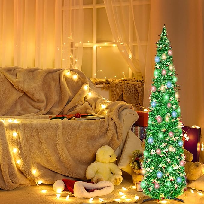 5FT Pop Up Christmas Tree with 90 LED Lights, Collapsible Christimas Tree Sled Sequins Tinsel Slim Pencil Christmas Xmas Tree for Home Holiday Fireplace Party Indoor Outdoor Decorations, Green