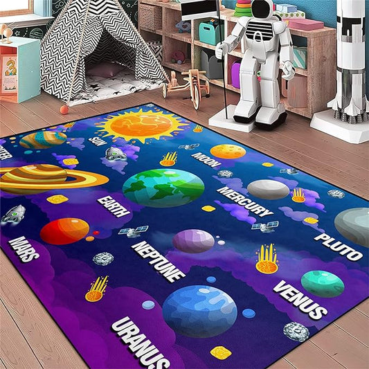 Universe Planet Area Rugs Outer Space Rugs for Boys Bedroom Educational Sofa Floor Mat Galaxy Solar System Theme Throw Rugs for Indoor Outdoor Carpets Crystal Polyester Mats Oversized, 5'×7'