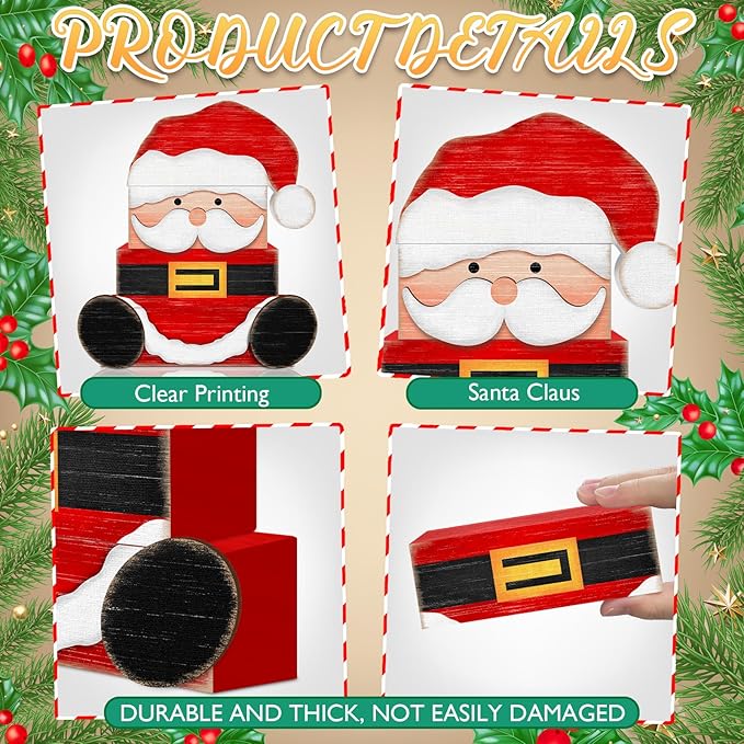 Britimes 4 Pcs Christmas Santa Table Decor Christmas Tiered Tray Decorations Set Santa Stack Block Signs Gift Rustic Farmhouse Tabletop Decor for Table & Home Office