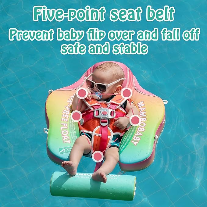 Mambobaby Float Add Tail Baby Swim Float with Canopy Solid Pool Infant Swim Trainer Swimming Training Lying Air Free Water Floats Non-Inflatable Waist Swim Ring for Toddlers (Rainbow)