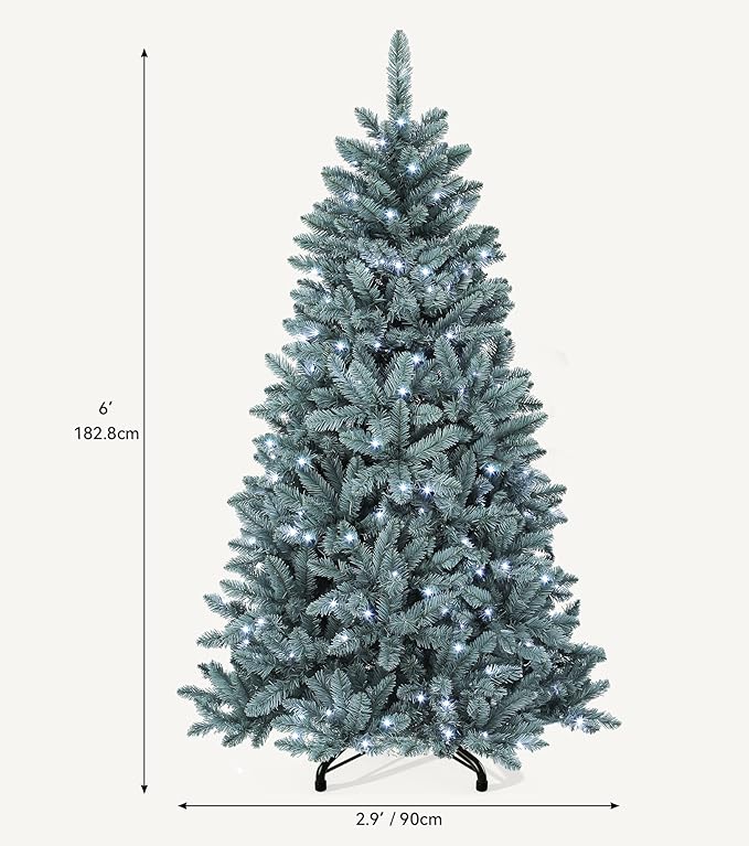 DWVO Prelit Christmas Tree 6ft, Colorado Blue Spruce Atificial Christmas Tree with 450 Cold LED Lights Includes Metal Stand, Green Full Xmas Trees with 880 Metal Hinged Branch Tips, for Home Party