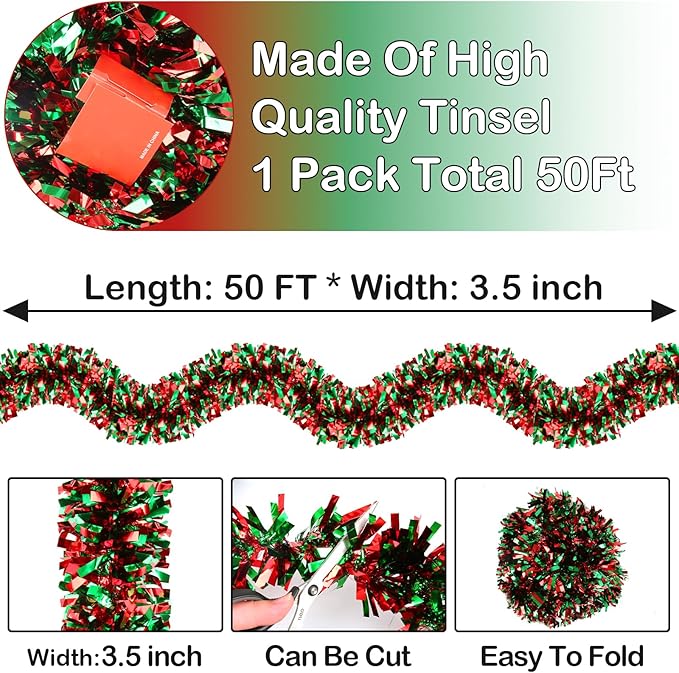 50FT Christmas Tinsel Garland - Metallic Tinsel Twist Garland for Christmas Tree Decorations,Holiday Home Indoor Outdoor Party Supplies (Green and Red)