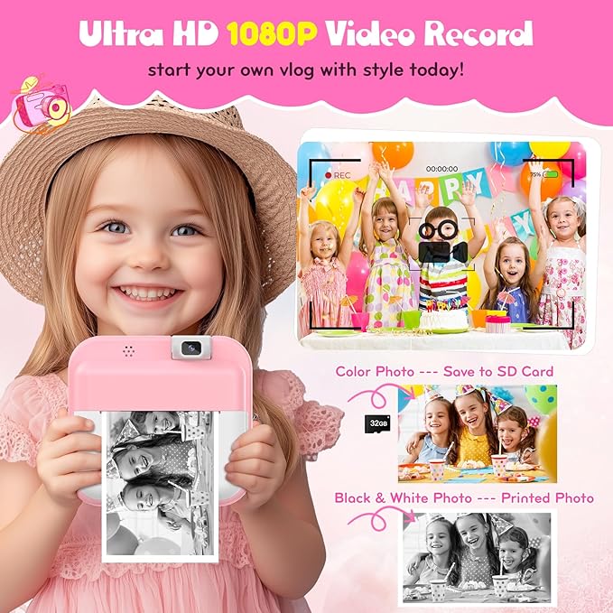 Kids Camera Instant Print with Flip Lens, Christmas Birthday Gift for Girls Boys, Digital Camera HD Video Instant Print Photos for Toddlers, Portable Travel Toys for 4 5 6 7 8 9 10 Year Old Pink