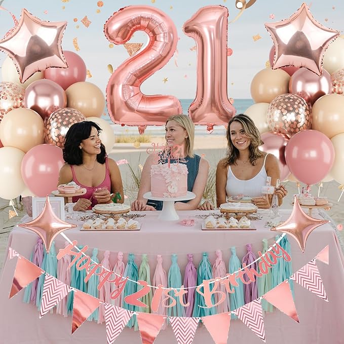 21st Birthday Decorations for Her, Retro Pink Nude Number 21 Balloon Set Happy 21st Birthday Banner Cake Topper Dusty Pink Beige Rosegold Star Balloons for Women 21 Year Old Bday Party Decor