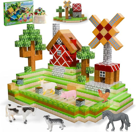 Magnetic Blocks 110PCS with 6 Animal Toys, Farm Building Blocks Set, Toys for Boys & Girls Age 4-6, 6-8, Stacking Building for Toddlers Sensory for Kids 3+
