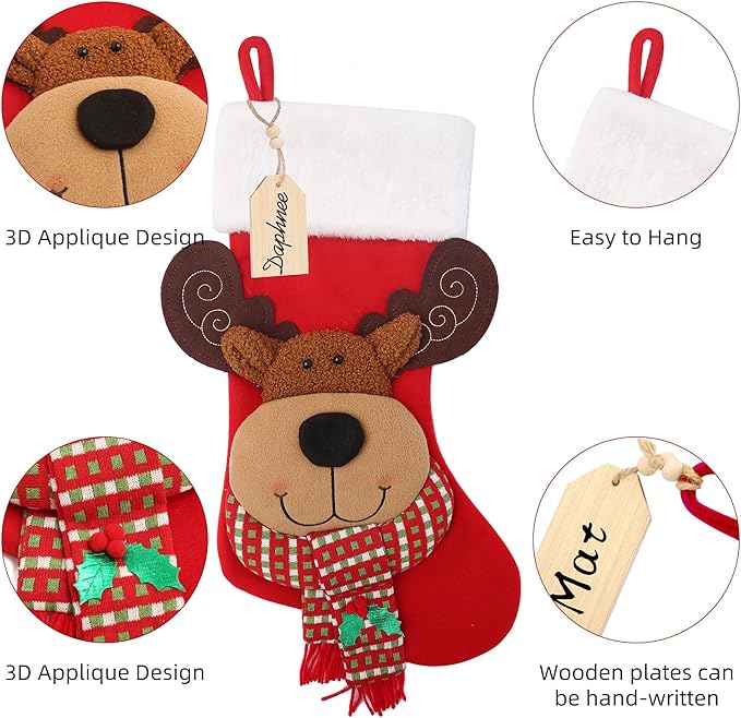 Christmas Stocking,21 inch Christmas Stockings with Wood Name Tag,3D Reindeer Christmas Stocking,for Family Holidays and Christmas Tree Fireplace Decoration(Red)