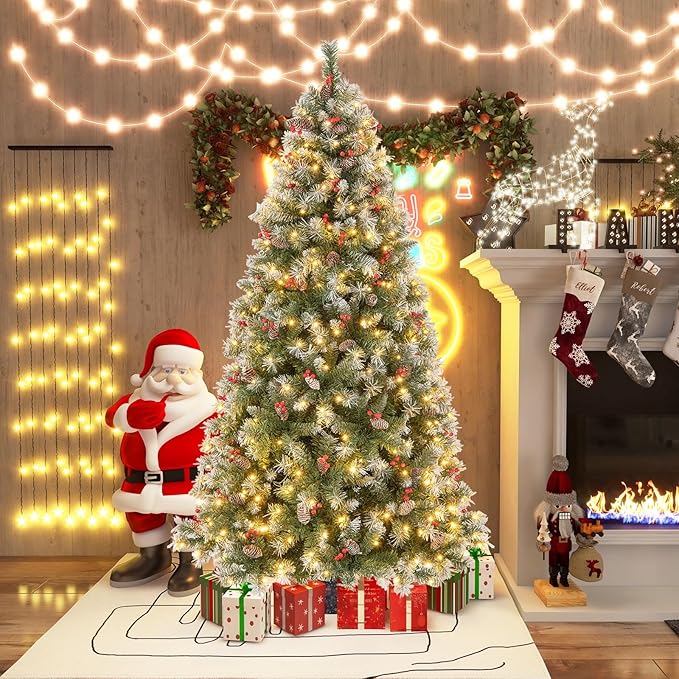 Goplus 6.5ft Pre-Lit Christmas Tree, Artificial Hinged Xmas Tree with 420 Warm-White LED Lights, 8 Lighting Modes, 909 Branch Tips, Red Berries & Pinecones, for Holiday Party Office Home Decor