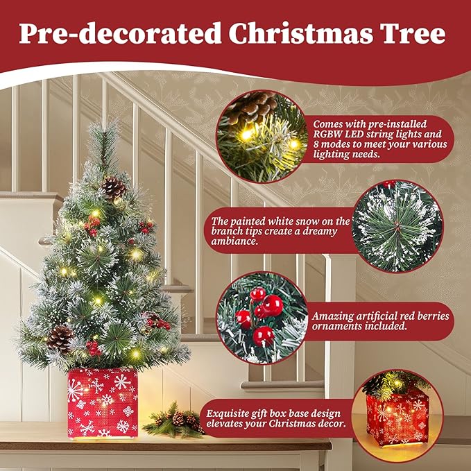 Brightever 2FT Small Christmas Tree, Prelit Mini Christmas Tree with Multi-Color LED Lights, Battery Powered Little Xmas Tree with Frosted Tips for Table Top, Green, Snowflake Gift Box Base Included