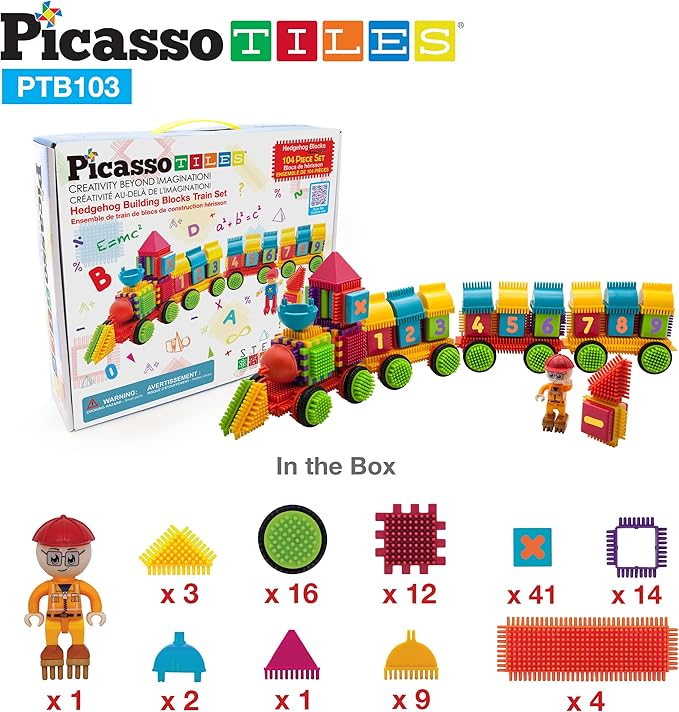Picasso Toys PTB103 Alphabet & Numerical Train 103pc Hedgehog Block Shape Blocks Building Tiles Set Construction Learning Toy Stacking Educational Block, Creativity Beyond Imagination, Inspirationa