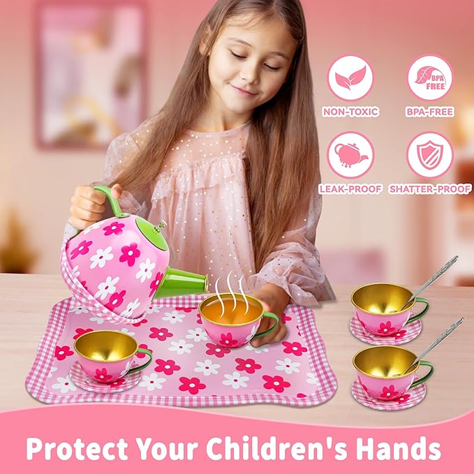 SMILESSKIDDO 15pcs Tea Party Set for Little Girls - Princess Tea Party Sets,Kids Kitchen Pretend Play Toys - Toddler Tea Party Sets for Girl 3-5, Girls Tea Party Set Gift for 3 4 5 6 7 8 Girl (Pink)