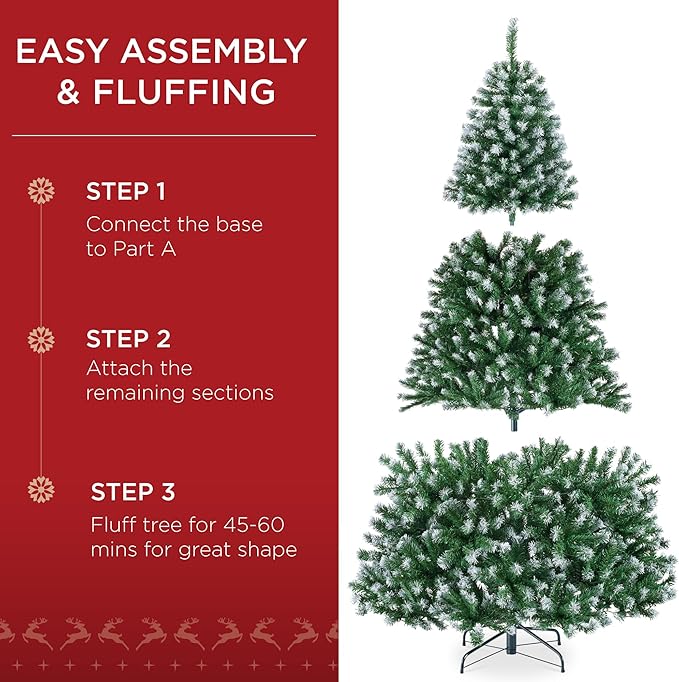 Best Choice Products Artificial Frosted Christmas Tree, 7.5ft Premium Pre-Lit Realistic Spruce Holiday Décor w/Dense Branches, Metal Base – Green Spruce