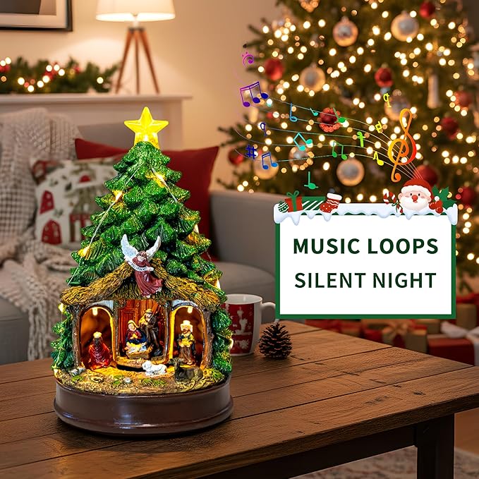 Musical Christmas Tree Rotating Nativity Scene with Star LED Light, Christmas Holy Family Angel Figurines for Xmas Decor Gift, Tabletop Decorative Christmas Trees Ornaments