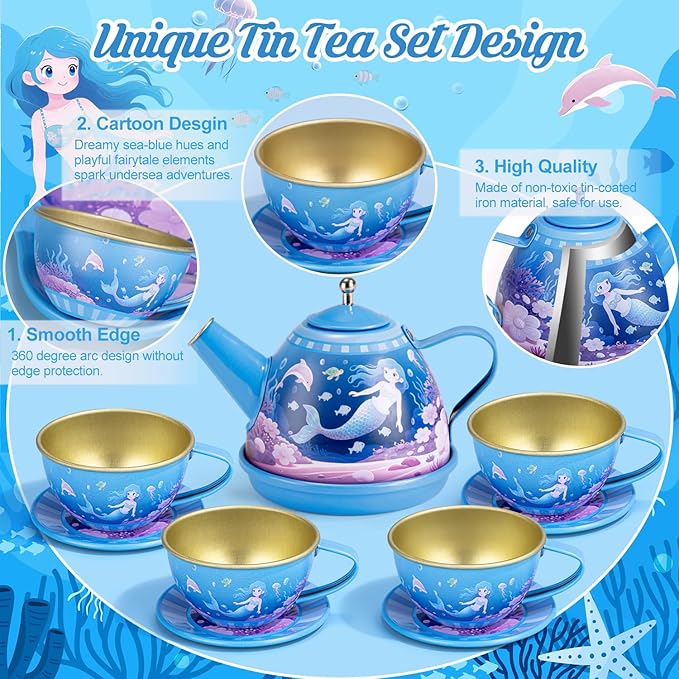 Tea Party Set for Little Girls, 49PCS Princess Tea Time Toys Including Teaset Dessert Carrying Case, Kids Pretend Play Kitchen Toys, Toddler Girl Birthday Gifts for 3-8 Year Old, Sea