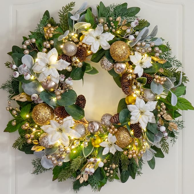 Christmas Wreaths for Front Door with Lights 24 Inch Prelit Christmas Wreath, Christmas Door Wreath with White Flowers, Gold Ornaments, Pine Cones, Greenery & Berries Indoor Outdoor