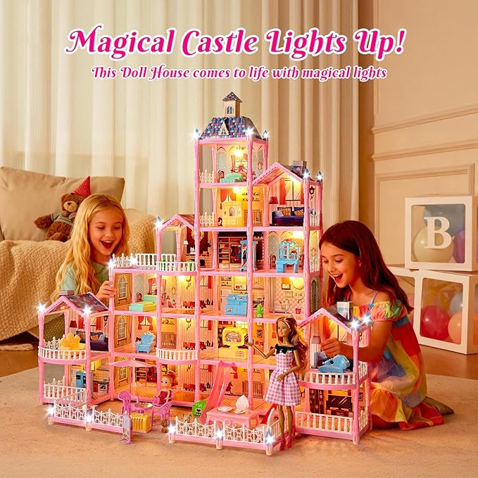 6-Story Doll House Large DIY Playhouse(35 in) for Girls, Little Girl Dream House with Furniture, Little Dog Toy, 2 Princess Figures and Slide, Creative Construction Toy