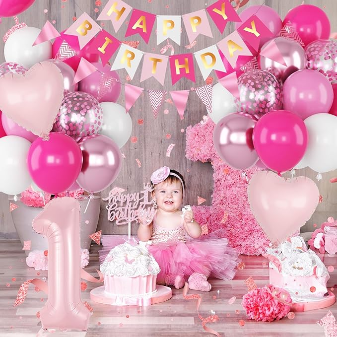 1st Birthday Decorations Girls, Pink First Birthday Balloon Set Hot Light Pink White Confetti Balloons Number 1 Balloon Heart Bday Banner Cake Topper for Baby Girl Princess 1 Year Old Bday Party Decor