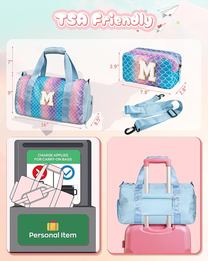 6 7 8 9 10 Year Old Girls Birthday Gift-Girl Gym Bag with Shoe Compartment, Kid Personalized Weekender Overnight Bags, Initial Travel Tote with Makeup Pouch, Easter Gifts for Teen (Letter Q)