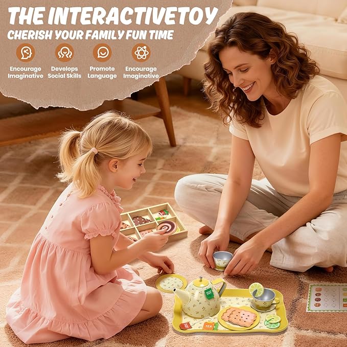 Kids Tea Party Set for Little Girl, Tea Sets for Toddler Pretend Play Food Kitchen Toy Accessories Gift for 3 4 5 6 Years Old Girls Boys (Yellow)