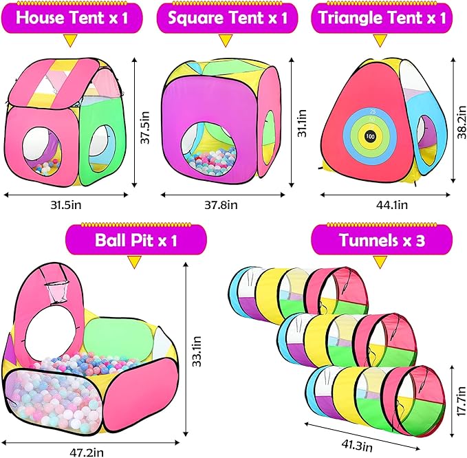 7PC Play Tent for Baby with 1 Ball Pit, 3 Kids Tents and 3 Tunnels, Large Indoor/Outdoor Playhouse, Boys & Girls Birthday Gift or Toy Playset, Target Game