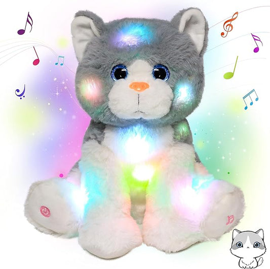 Cuteoy Kitty LED Musical Stuffed Animal Light-up Singing Plush Cat Adjustable Volume Lullaby Plushies Birthday Christmas Toy Gifts for Kids Toddler Girls, 10.5"