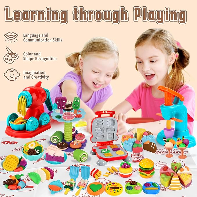 4 in 1 Dough Sets 75 PCS for Kids Ages 4-8, Dough Tools Kit with Ice Cream Noodle Hamburger Maker Machine, Dessert Rack, Kitchen Creations Art Crafts Food Play Toys for Boys Girls Ages 3+