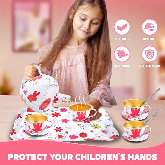 SMILESSKIDDO 15pcs Tea Party Set for Little Girls - Princess Tea Party Sets,Kids Kitchen Pretend Play Toys - Toddler Tea Party Sets for Girl 3-5, Girls Tea Party Set Gift for 3 4 5 6 7 8 Girl (White)