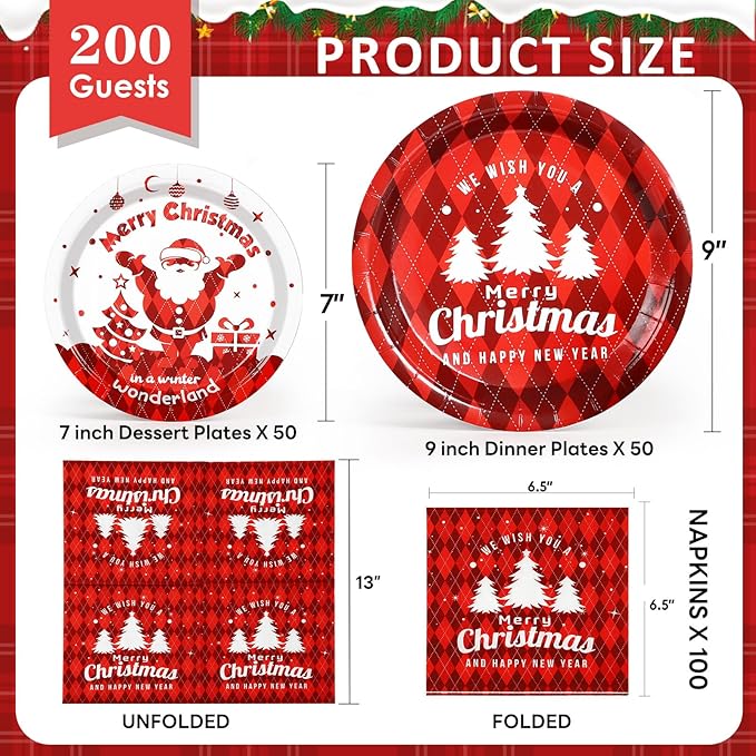 Gezond 200 Pcs Christmas Paper Plates and Napkins, Christmas Tree Red Plaid Disposable Plates, Incloud Dinner Plate Dessert Plate and Napkins for Holiday Party Supplies Serve 50