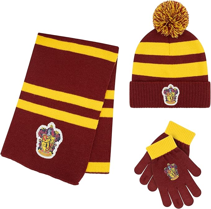 Harry Potter Winter Hat and Gloves with Set, Gryffindor, Slytherin, Hufflepuff, Ravenclaw, Winter Set 5-13 Year Olds