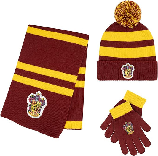 Harry Potter Winter Hat and Gloves with Set, Gryffindor, Slytherin, Hufflepuff, Ravenclaw, Winter Set 5-13 Year Olds