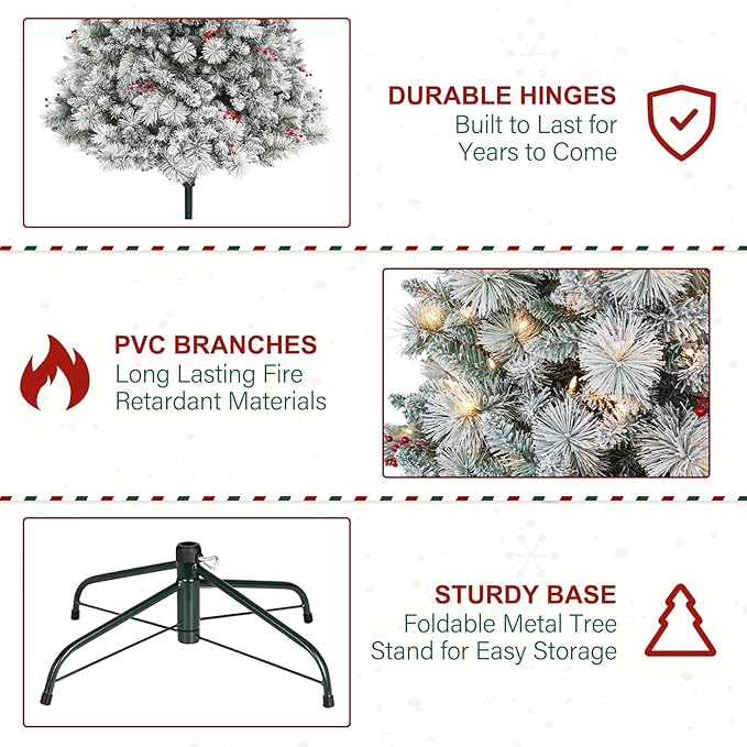 6 ft Lighted Snow Flocked Christmas Tree, 250 Warm White Lights, Artificial Christmas Tree with 1032 Frosted Branch Tips, Metal Stand and Hinged Branches for Indoor Decor