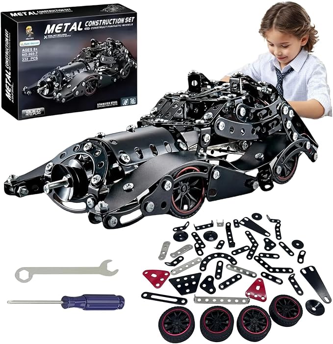 Erector Sets for Boys 332 PCS Batman Model Metal Car Building Assembly Toys STEM Vehicle Model Construction Set Car Building Educational Toy for Kids Ages 8+