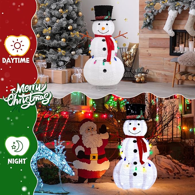 Outvita Outdoor Christmas Decorations 4ft Lighted Snowman, White Snowman with Twinkle Lights Red Scarf Black Hat & Colorful Lights, Foldable Snowman for Xmas Indoor and Outdoor Garden, Yard Decor