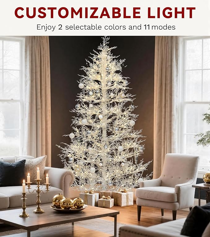 DWVO 6ft Pre-lit Artificial Christmas Tree, White Birch Prelit Christmas Trees for Home, Office, Party with 550 Thickened Branch Tips & 300 UL Listed Lights, Automatic Branches with Remote Control