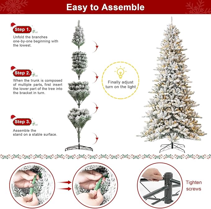 Glitzhome 10ft Pre-Lit Flocked Fir Christmas Tree, Hinged Artificial Christmas Tree with 750 Warm White Lights and Metal Base for Holiday Decoration