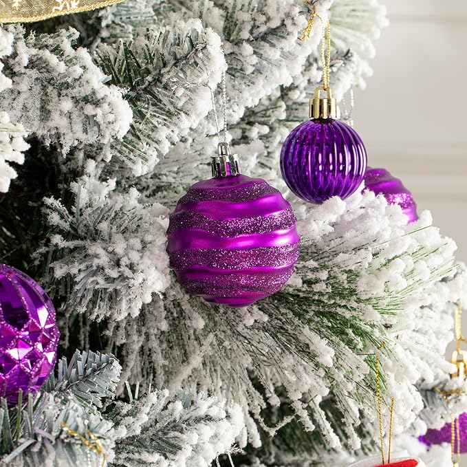100Pcs Christmas Ball Ornaments Set, Shatterproof Plastic Purple Christmas Ornaments for Xmas Tree, Assorted Baubles Hanging Decorations for Holiday/Party/Wedding (Purple)