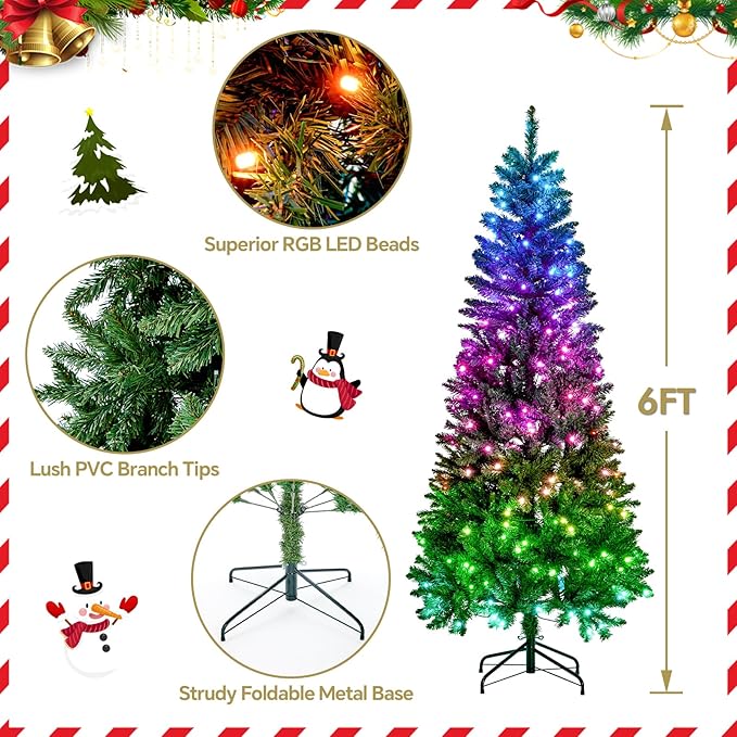 6FT Prelit Christmas Tree with 250 LED Lights, App Controlled Artificial Christmas Tree with Multi-Color RGB Lights & Music Sync, Slim Pencil Christmas Tree for Home Christmas Decorations