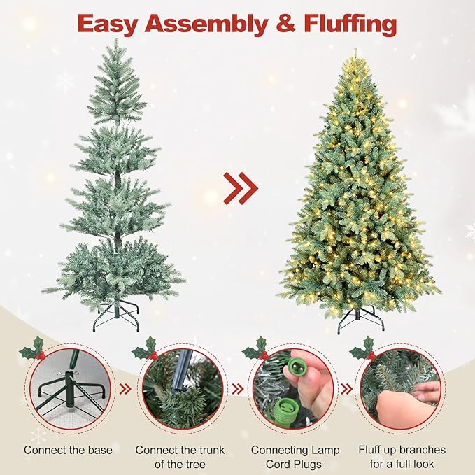 9 Ft Pre-Lit Artificial Christmas Tree, w/ 800 LED Warm Lights, 3268 PE&PVC Mixed Branch Tips, Faux Xmas Tree for Home, Office, Party Decoration, Easy Assembly, Metal Hinges & Foldable Base